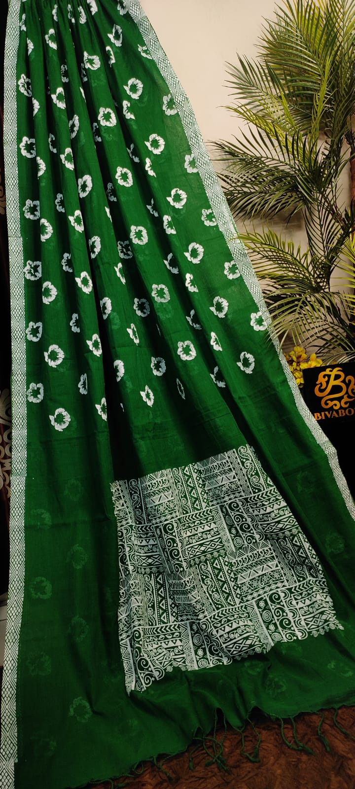 Cotton Screen Printed Saree – Green