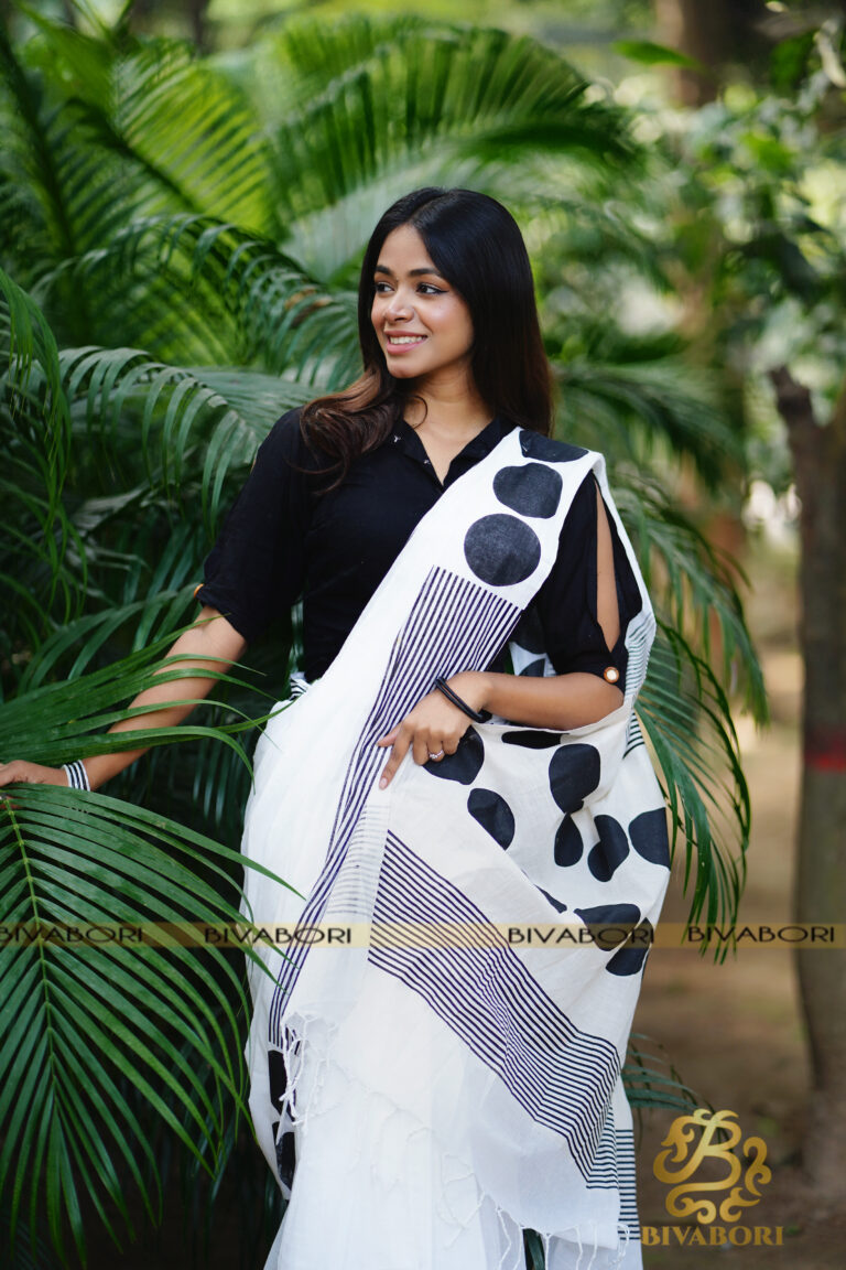 Pure Cotton Screen Printed Saree – White & Black