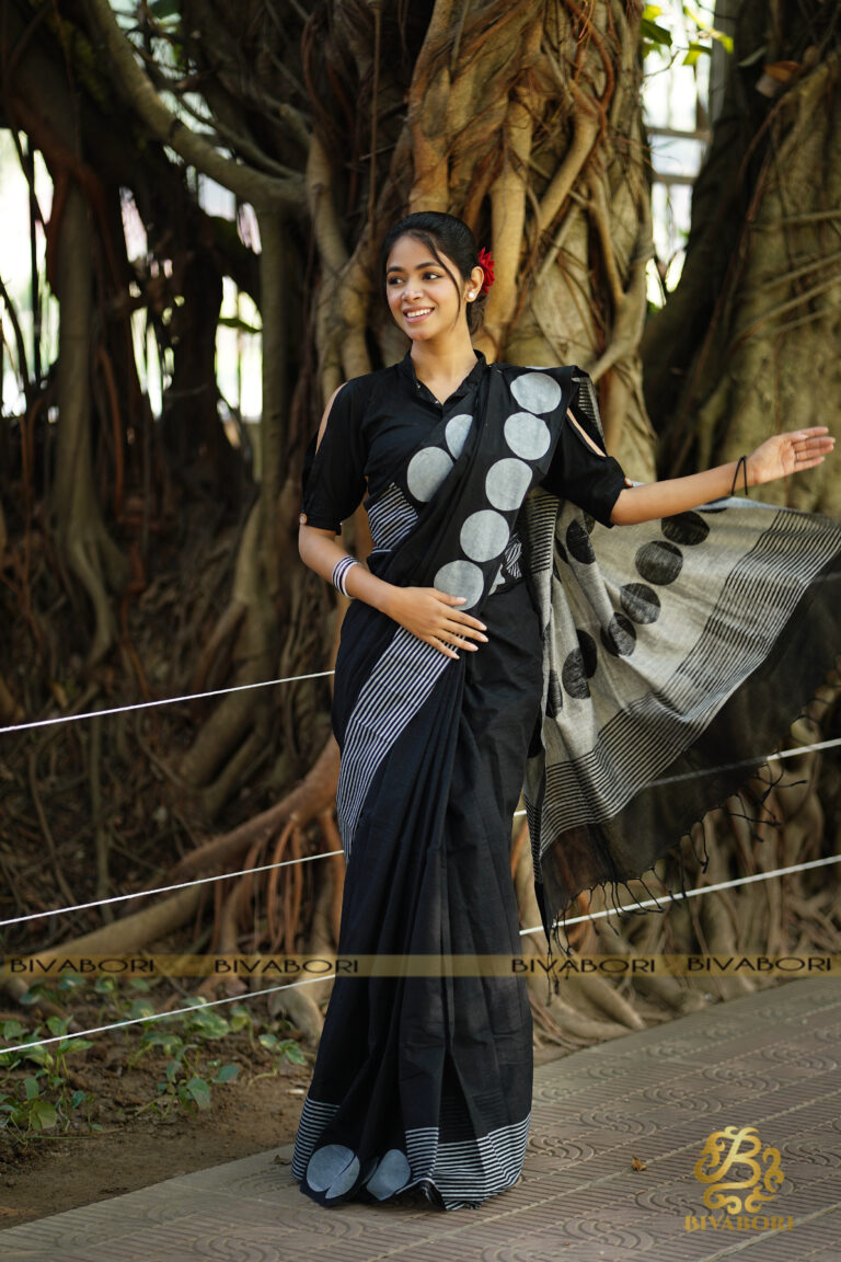 Pure Cotton Screen Printed Saree – Black & White