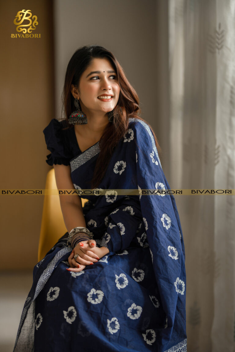 Cotton Screen Printed Saree – Blue