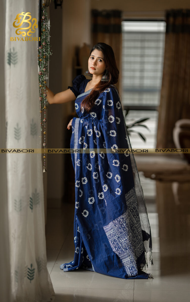 Cotton Screen Printed Saree – Blue