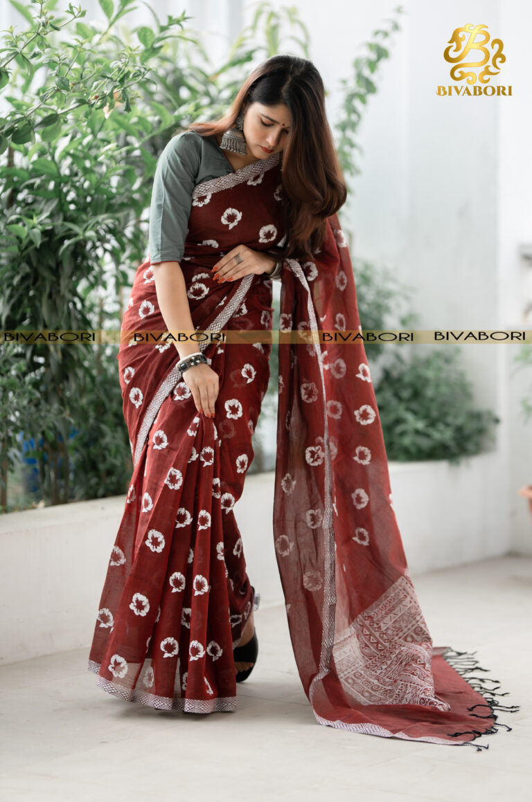 Cotton Screen Printed Saree – Maroon