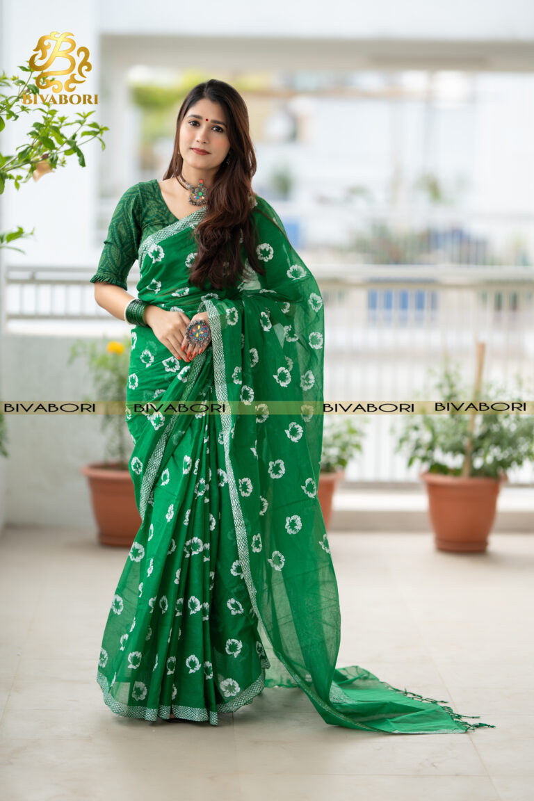 Cotton Screen Printed Saree – Green