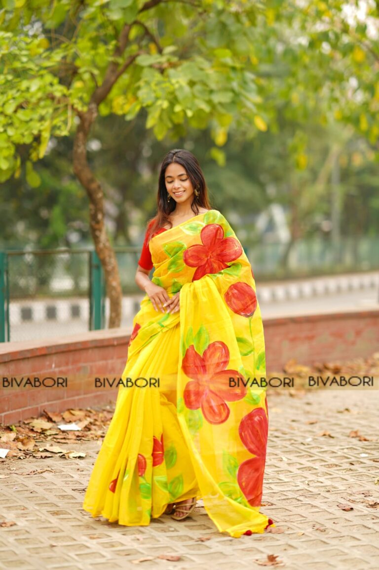 Semi Muslin Hand Painted Saree – Mustard