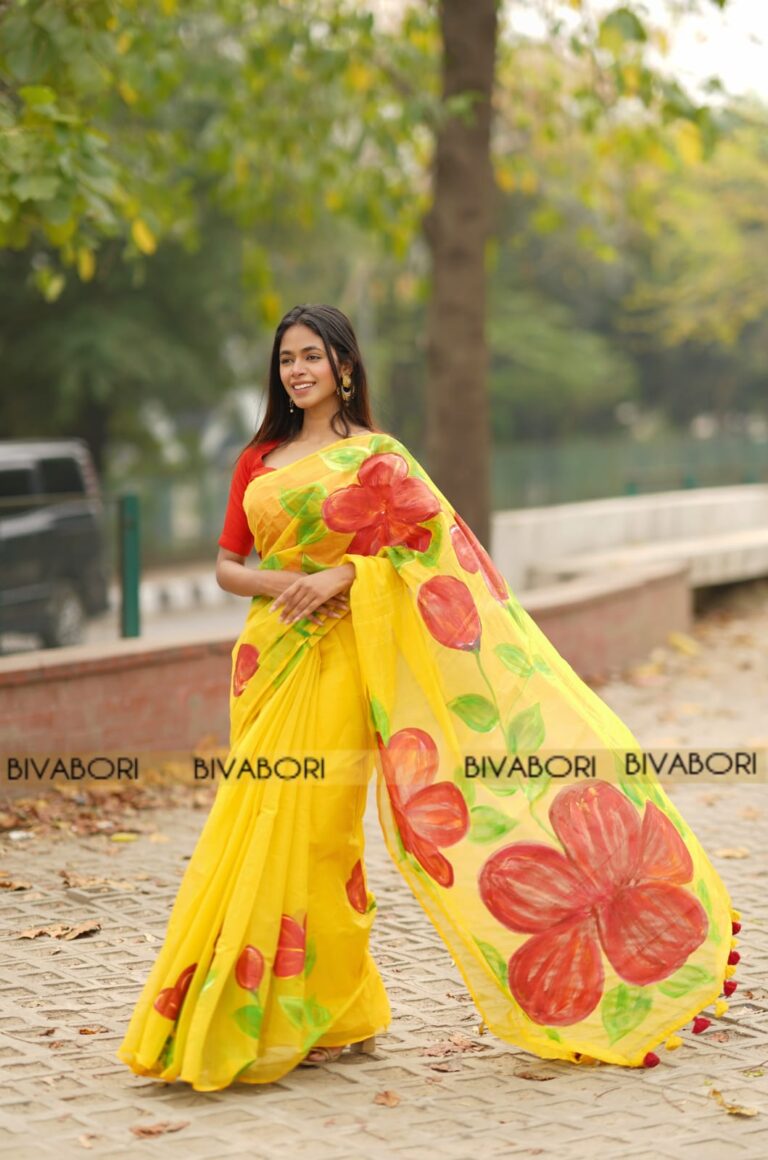 Semi Muslin Hand Painted Saree – Mustard