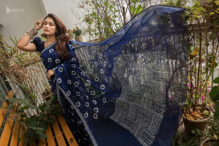 Cotton Screen Printed Saree – Blue